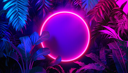 Fototapeta na wymiar Pink neon glowing circle frame hovering at jungle, empty copy space in middle. Generative AI