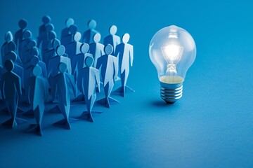 a light bulb with a group of paper people - obrazy, fototapety, plakaty