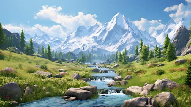 The essence of the natural realm, featuring backgrounds with majestic mountains, expansive meadows, and clear, flowing waters  background Ai Generative