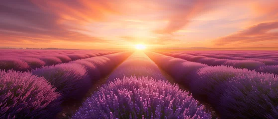 Foto op Canvas Spectacular Lavender Fields Bathed in the Warm Glow of a Vivid Sunset © Alienmonster