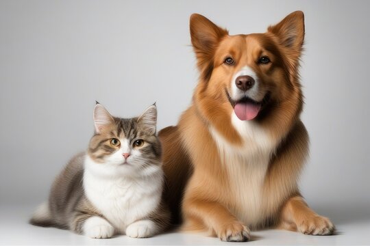 a quality stock photograph of a beautiful happy cat and dog standing next to each other isolated on a white or transparant background