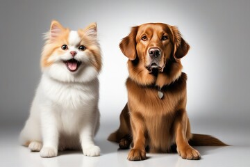 a quality stock photograph of a beautiful happy cat and dog standing next to each other isolated on a white or transparant background