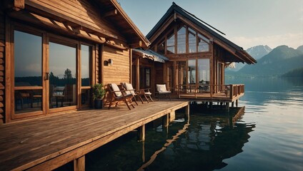 Wooden house with terrace over lake