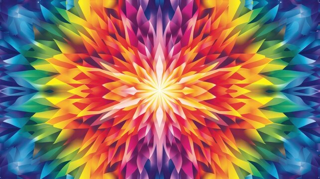  an image of a colorful flower that looks like a kaleikaki flower in the center of a rainbow - hued, starbursted starburst background.