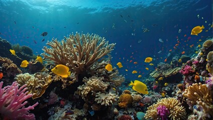 vibrant hues of coral reefs teeming with life, including tropical fish, sea anemones, and swaying sea fans