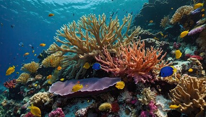 Naklejka na ściany i meble vibrant hues of coral reefs teeming with life, including tropical fish, sea anemones, and swaying sea fans