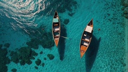 View from above, stunning aerial view of two long tail boats floating on a turquoise water