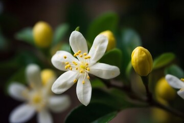 Fototapeta na wymiar a white flower with yellow dots on a branch