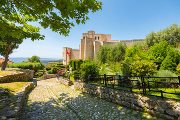 View of the beautiful Kruja Castle in summer. Traveling in Albania. - obrazy, fototapety, plakaty