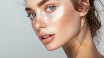 Radiant Skin with Exfoliating Scrub: Close-up of a young woman with an exfoliating scrub on her face, highlighting her glowing skin and bright blue eyes - obrazy, fototapety, plakaty