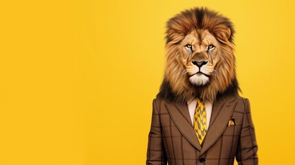 a beautiful lion wearing a suit with a tie on a plain yellow background on the left side of the...