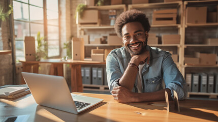 young man with an afro hairstyle is smiling at the camera, and leaning on a table with a laptop in a warehouse or a small business setting.