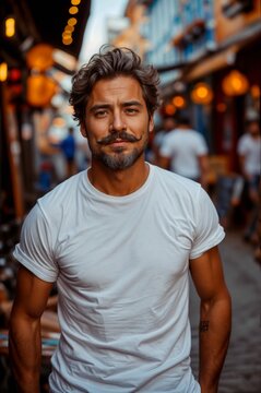 35 years old man in clean white t-shirt