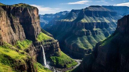 a dramatic mountain landscape with a waterfall plunging down a steep canyon, surrounded by rugged cliffs and an untouched wilderness.