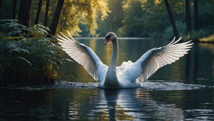 White swan beautiful wings in fantasy forest near lake - obrazy, fototapety, plakaty