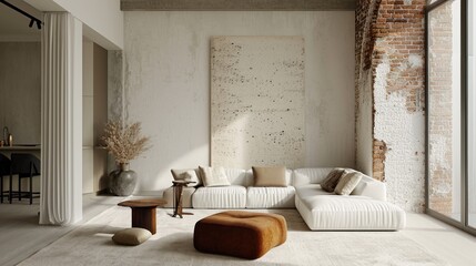  a living room with a large painting on the wall and a white couch with a footstool in front of it and a footstool in the middle of the room.
