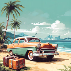 Car with suitcases on the exotic beach. Travel concept. Summer vacation.