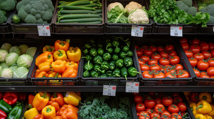 assortment of fresh vegetables neatly organized on a market stall - obrazy, fototapety, plakaty
