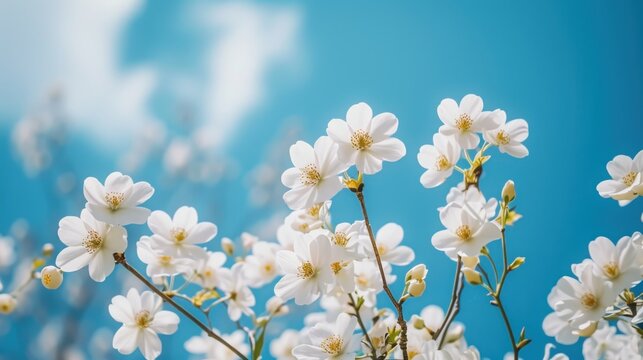  a bunch of white flowers with a blue sky in the backgrounnd of the picture in the backgrounnd of the picture is a blurry background.