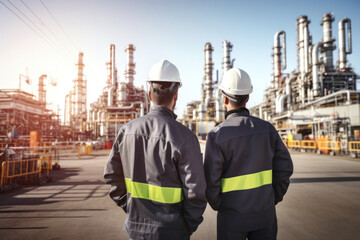 Back portrait of oil field worker in oil refinery.