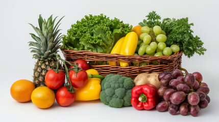 An assortment of colorful fresh vegetables and fruits spilling out of a wicker basket, representing a healthy diet and nutrition.