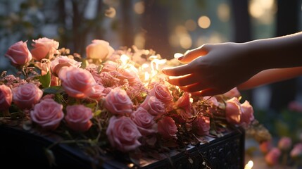 a hand touching a bouquet of pink roses - obrazy, fototapety, plakaty