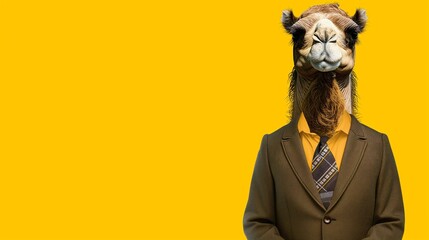 a camel wearing a suit with a tie on a plain yellow background on the left side of the image and the right side blank for text