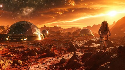 Fototapeta na wymiar Futuristic Martian spaceport with advanced spacecraft and rocky terrain. Resplendent.