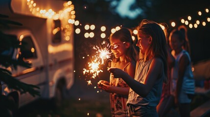 People play with sparkler fireworks in holiday celebration event party.