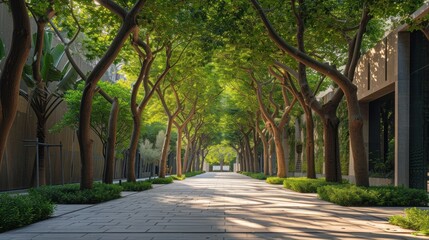  a street lined with trees and bushes next to a building with a clock on the side of the road in front of a row of trees on both sides of the street.