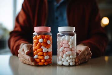 a person holding two jars of pills - Powered by Adobe