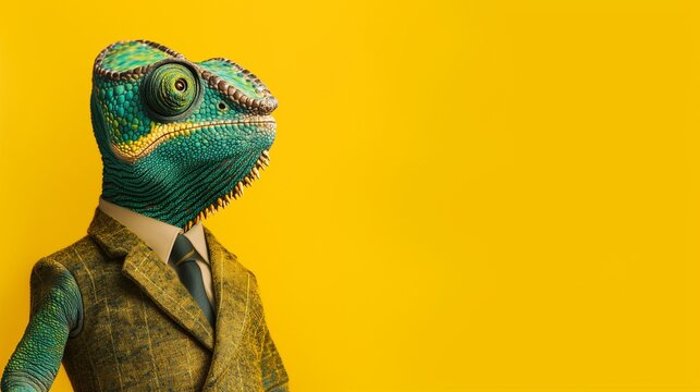a Chameleon wearing a suit with a tie on a plain yellow background on the left side of the image and the right side blank for text - Powered by Adobe
