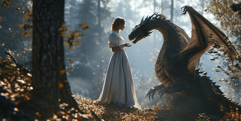 A graceful lady with her dragon in a misty forest.