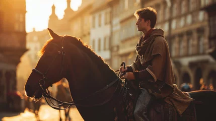 Gordijnen Portrait of a handsome medieval man on horse back in Prague street. © Joyce