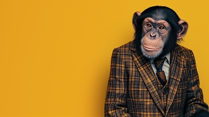 a chimpanzee wearing a suit with a tie on a plain yellow background on the left side of the image and the right side blank for text