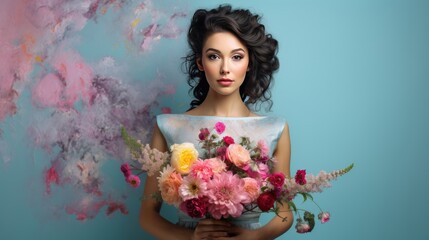 A young attractive woman with a beautiful bouquet of flowers on a bright background. The concept of a holiday, a gift for Valentine's Day and Women's Day.