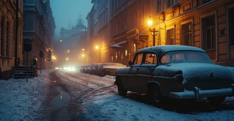 Zelfklevend Fotobehang Vintage car in the street of Prague in winter. Czech Republic in Europe. © Joyce