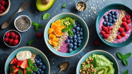  a table topped with bowls of fruit and a bowl of oatmeal next to other bowls of food.