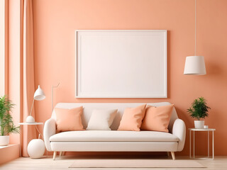 Fototapeta na wymiar Empty blank white frame on flat peach wall in a living room design. Minimalist interior design. Mockup ideas for trend colour design.