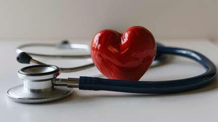 A conceptual red heart model lies next to a stethoscope on a reflective surface, symbolizing medical health and cardiological care. - obrazy, fototapety, plakaty