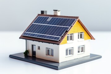 Isolated image of a house with solar panel in hand. Concept for green renewable energy.