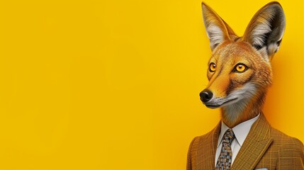 a jackal wearing a suit with a tie on a plain yellow background on the left side of the image and the right side blank for text