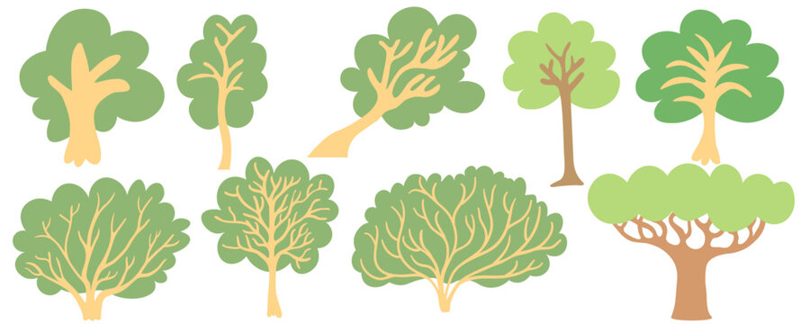trees collection in flat style in vector. Template for design, logo, print, icon. objects for landscape, background, wallpaper.