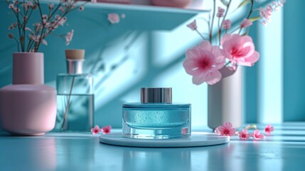  a bottle of perfume sitting on top of a table next to a vase of flowers and a vase filled with pink flowers.