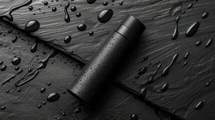  a black water bottle sitting on top of a table covered in drops of water and drops of water on the surface.