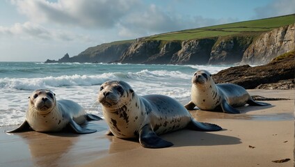stunning coastal landscape featuring a family of playful seals basking on a sun-kissed beach in...