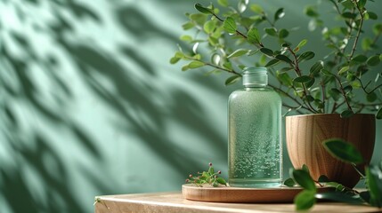  a bottle of water sitting on a table next to a vase with a plant in it and a potted plant in front of it.