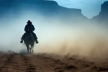 Foto op Plexiglas Cowboy on horseback with landscape of American’s Wild West with desert sandstones. © Joyce
