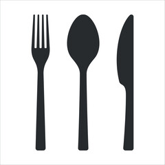 Knife, fork and spoon isolated on a white background. The black silhouette of the cutlery set.