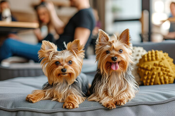 Two cute Yorkshire Terrier dogs are laying on a cushion in a pet friendly cafe